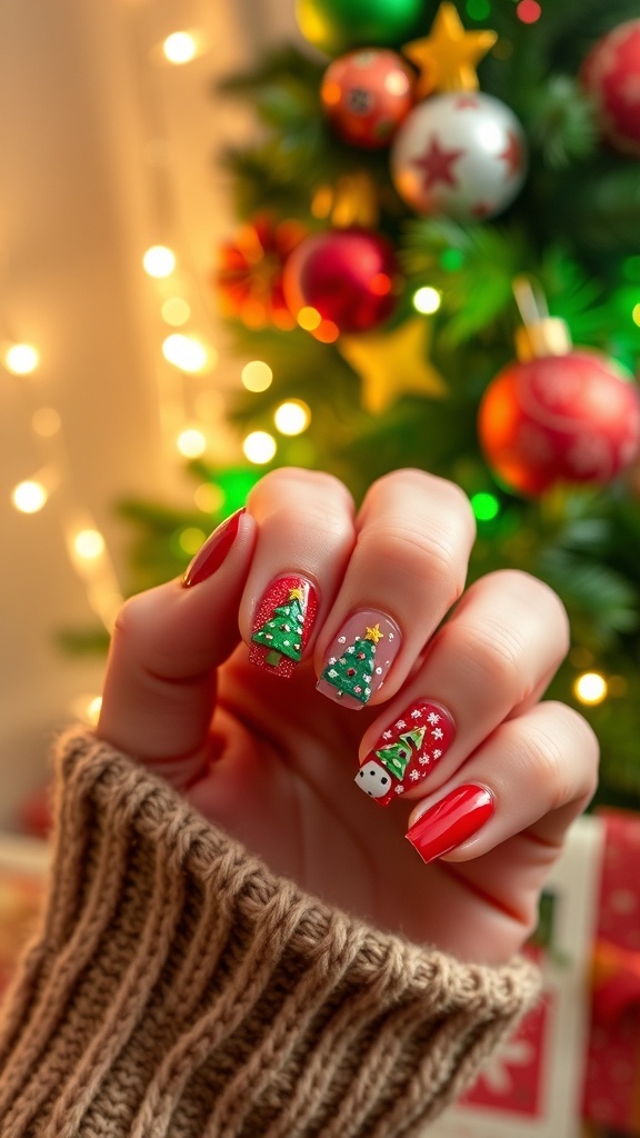 Festive Christmas nail art with red and green polish, decorated with snowflake and tree charms.